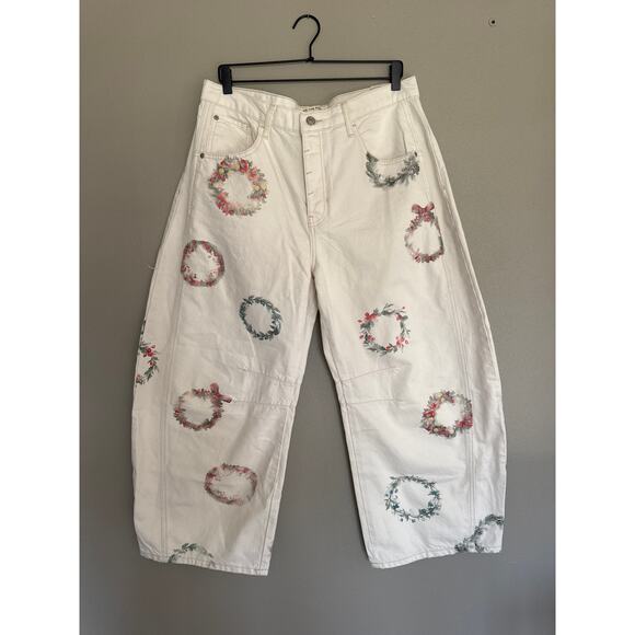 FREE PEOPLE Good Luck Printed Barrel Jeans in Watercolor Wreath NWT Size 30 - Picture 5 of 9
